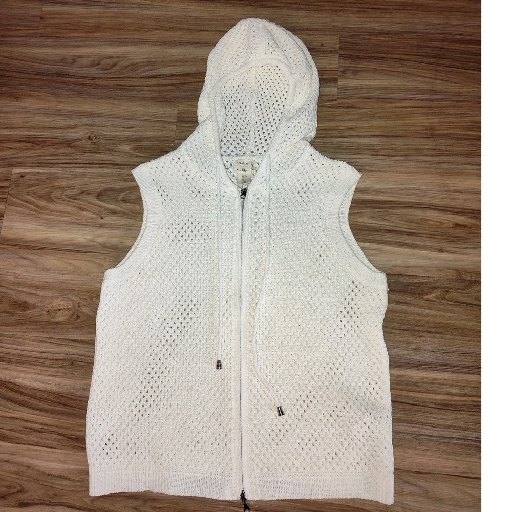 Artelier Nicole Miller White Open Knit Sleeveless Hooded Zip Up Sweater Vest L